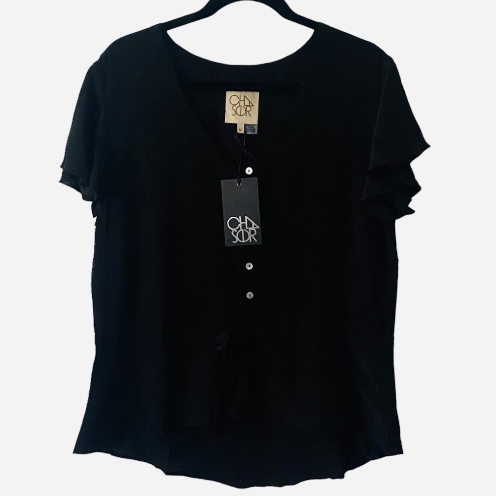 Chaser Black Button Down Flutter Sleeve Shirt Womens Size Medium NWT